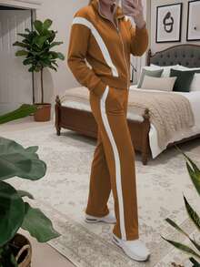 休闲女式通勤套装，舒适宽松拼接撞色长袖外套+条纹撞色直筒裤两件套，春季款 - 淺咖色 - 查看 2