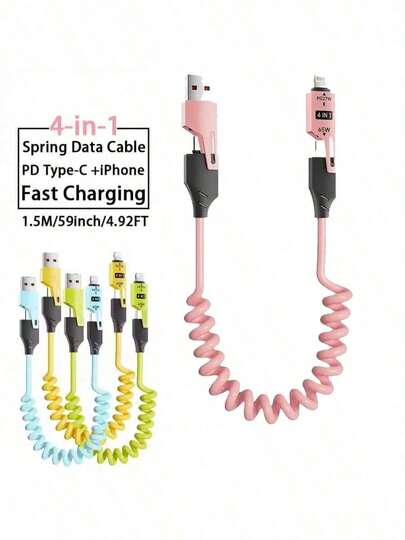 65W 다기능 4-In-1 USB-C 개폐식 충전 케이블, PD 고속 충전 및 데이터 동기화 지원, 실리콘 소재, 표시등이 있는 다중 포트 충전, 아이폰 호환, 아이패드 호환, OPPO 등과 호환, Nan MFi 인증