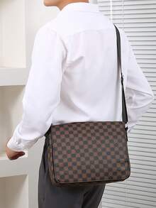 HOVI'S Men Crossbody Bag Black Grey/Brown Yellow Checkerboard Print Fabric - Flip Snap Button Closure Adjustable Strap Large Capacity Tablet Holder Back Pocket New Year Gift Valentine's Day Gift - Brown - View 1