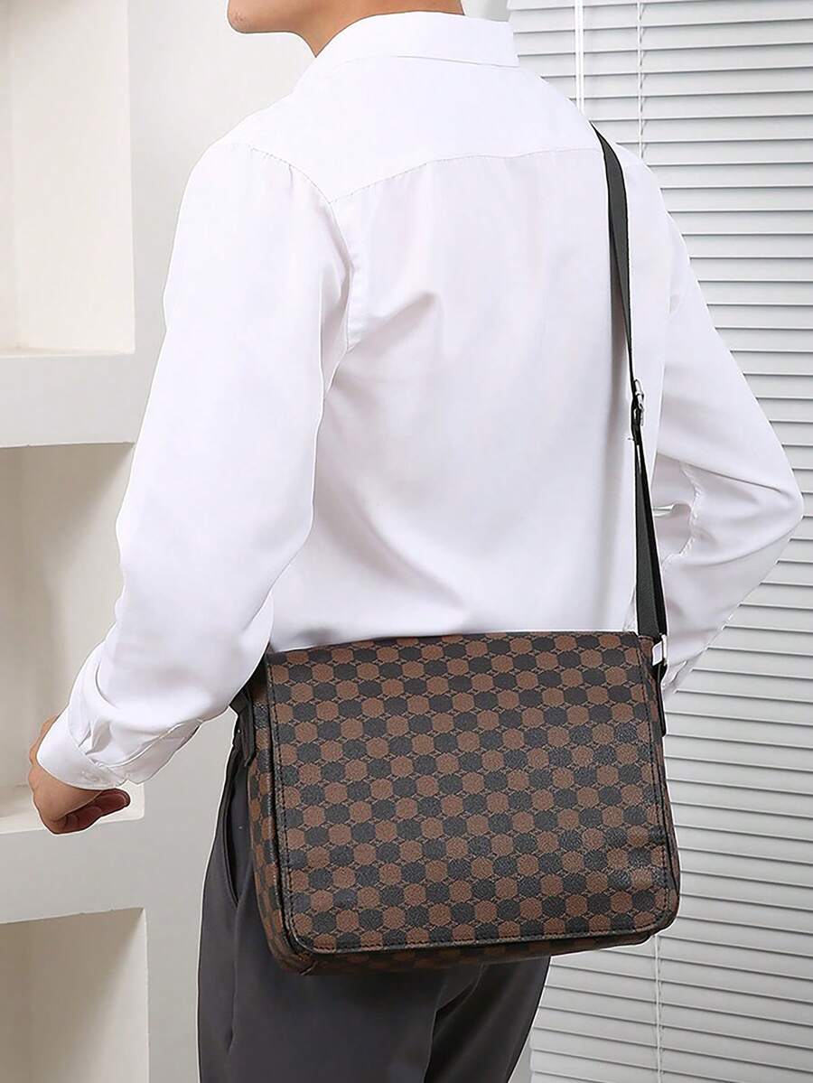 HOVI'S Men Crossbody Bag Black Grey/Brown Yellow Checkerboard Print Fabric - Flip Snap Button Closure Adjustable Strap Large Capacity Tablet Holder Back Pocket New Year Gift Valentine's Day Gift - Brown - View 1