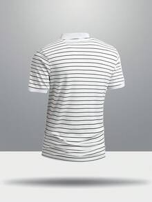 男士简约黑白Polo衫，男士休闲通勤拼接半开襟Polo衫，适合上学、郊游、送朋友、工作及其他运动场合。 - 白色 - 查看 3