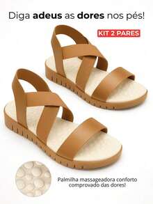 Kit 2 Pares Sandália Feminina Confortável Ortopédica Massageadora Papete Para Esporão Anatômica Leve Macia - Caramelo - Visão 2