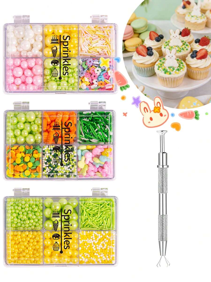 Hộp quà mùa xuân, hạt rắc trang trí bánh hình thỏ, cà rốt và hoa, dùng để trang trí bánh cupcake, bánh ngọt và bánh quy tự làm tại nhà, các chấm tròn nhiều kích cỡ khác nhau để trang trí, thích hợp cho các bữa tiệc cưới, lễ Phục sinh và tiệc mùa xuân. - Nhiều màu - Xem 1