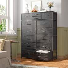 Tall Dresser, Dresser For Bedroom With 10 Large Drawers And 4 Small Drawers , Tall Bedroom Dresser For Bedroom, Large Fabric Dresser With Wood Top And Metal Frame, Mother's Day Decor, Room Decor, Home Decor, Festival Decor, Black - màu đen - Xem 2