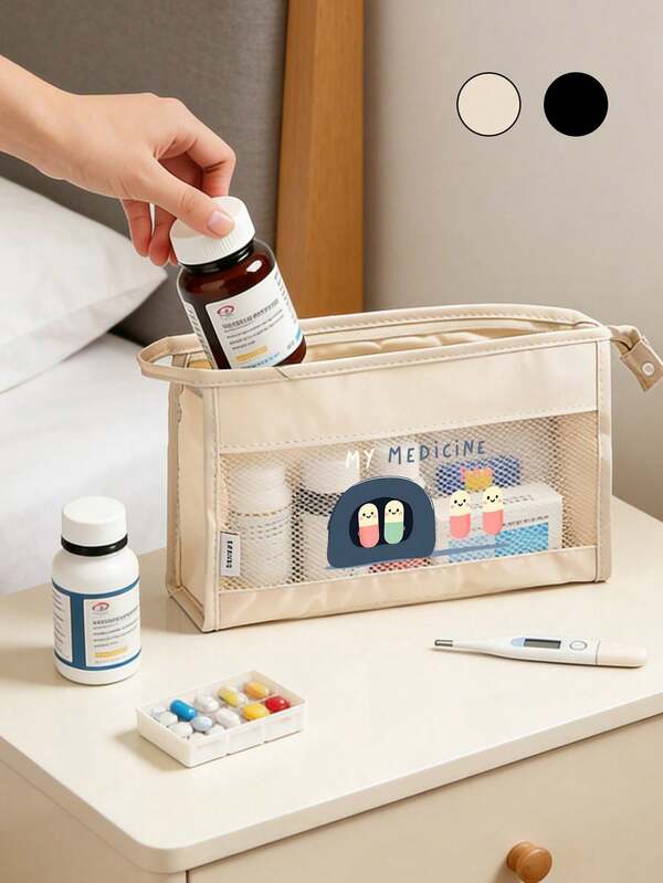Bolsa de malla de gran capacidad para viajes impresa con "My Medicane Bag" y patrón de pastillas, bolsa portátil para medicamentos, organizador de primeros auxilios, bolsa de almacenamiento de píldoras de emergencia para el hogar y al aire libre, estuche de tocador de malla, bolsa de almacenamiento portátil multifuncional, bolsa de cosméticos, para uso diario/al aire libre/viajes, esencial para usuarios conscientes de la salud y en movimiento, accesorio médico imprescindible, organizador de almacenamiento, artículo de viaje esencial