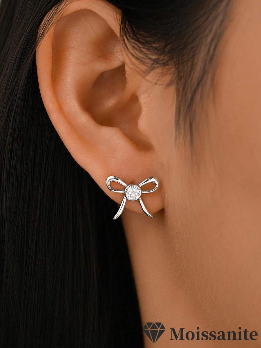 1 Pair S925 Sterling Silver 0.6CT Moissanite Bow Stud Earrings, Elegant & Sweet, Suitable For Daily Wear, Dates, Valentine's Day Gift - Multicolor - View 1