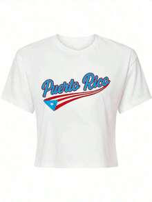 Casual Women's Crop Puerto Rico Graphic Tee Short Sleeve Round Neck Cotton T-Shirt, Medium Stretch Streetwear Style, Perfect For Fall Outfits - 白色 - 查看 2