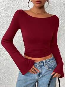 Women's Spring Fall Long Sleeve Shirts Crop Going Out Tops Casual Boat Neck Bell Sleeve Ribbed Ruched Y2K Clothes - Burgundy - View 2