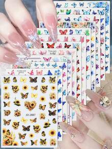 3/6/12件套复古蝴蝶花朵美甲贴纸套装，优雅美甲设计转印贴纸 - 彩色 - 查看 1