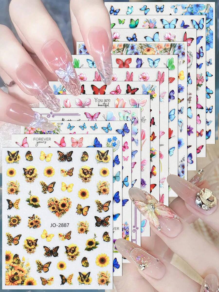 3/6/12件套复古蝴蝶花朵美甲贴纸套装,优雅美甲设计转印贴纸 - 彩色 - 查看 1
