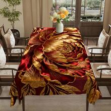 1pc Elegant Red & Golden Peony Flower Tablecloth - Luxury Rectangular Chinese New Year Table Cover, Machine-Made Fabric Suitable For Dining Table, Kitchen, Wedding, Party Decor - Year-Round Use, 2D Flat - 彩色 - 查看 4