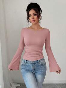 Women's Spring Fall Long Sleeve Shirts Crop Going Out Tops Casual Boat Neck Bell Sleeve Ribbed Ruched Y2K Clothes - Gray Pink - View 1