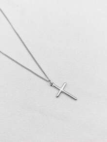 1件不锈钢复古法式银色十字架吊坠项链，男女通用 - 銀色 - 查看 1