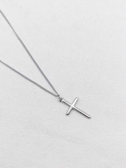1件不锈钢复古法式银色十字架吊坠项链，男女通用
