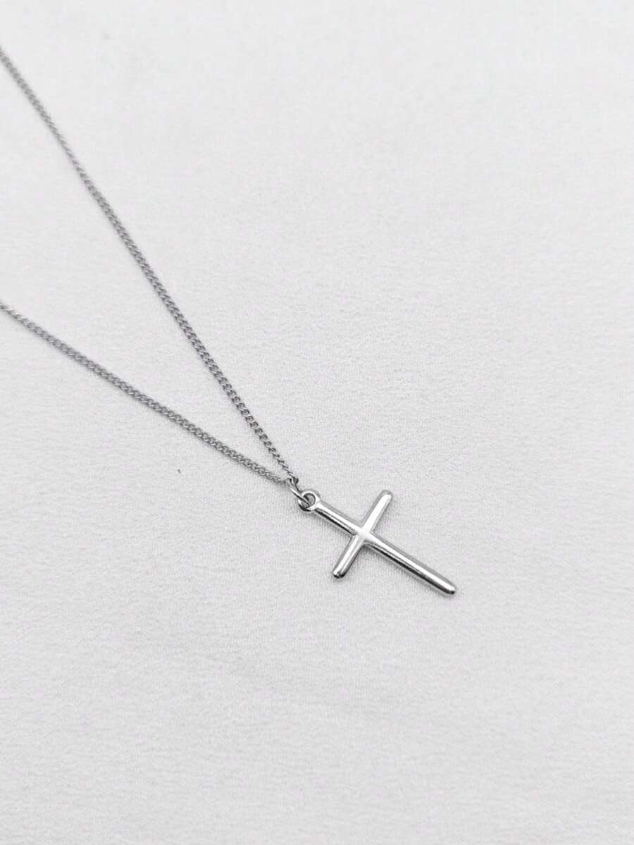 1件不锈钢复古法式银色十字架吊坠项链，男女通用 - 銀色 - 查看 1