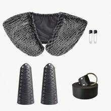 4pcs Halloween Viking Costume Set, Viking Faux Fur Collar, Belt, PU Leather Gauntlet Wristband, Medieval Viking Costume Accessories - A - View 11
