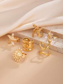 6pcs/Set Ocean Holiday Geometric Exaggerated Water Drop, Sunflower, Starfish Metallic Stacking Rings Set, Luxurious Elegant For Wedding, Party, Beach, Casual, Street Style, Women, Couples, Holiday, Birthday, Versatile Gift - Ring - View 5