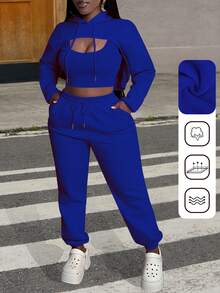 CALEBGAR Plus Size Women's Three-Piece Fleece-Lined Tracksuit, Includes Hoodie, Vest, And Long Track Pants |   Autumn/Winter Loose-Fit Casual Tracksuit |   Streetwear Sporty Style - 藍色 - 查看 3