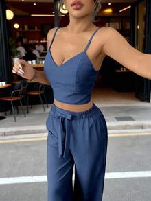 Conjunto casuales de verano en color liso,Top camisola con escote en V profundo,pantalón ancho con cintura elástica y lazo - Azul lavado oscuro - Ver 5