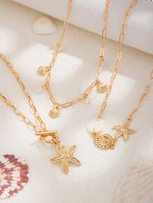 3pcs/Set Geometric Chain, Faux Pearl, Starfish, Scallop Tassel Pendant Necklace, Elegant Luxury, Suitable For Wedding, Party, Beach, Casual, Street Style, Women & Couples, Holiday, Birthday Gift - Necklace - View 5