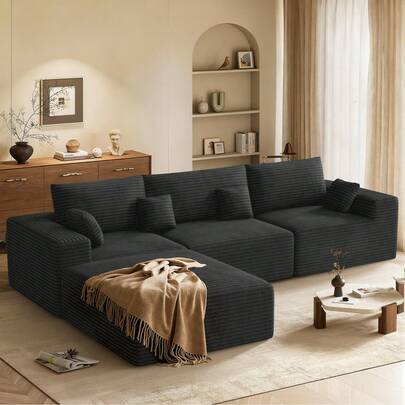 Nalupatio L-Shape Plush Corduroy Modular Sectional Sofa Set, Heavy Duty 550kg Weight Capacity, Pet Friendly Ergonomic Design, Wide Armrests, Includes 3 Large Headrests & 4 Decorative Cushions, High-Resilience Foam, Easy Assembly Customisable Living Room Furniture, 2 Boxes Delivery