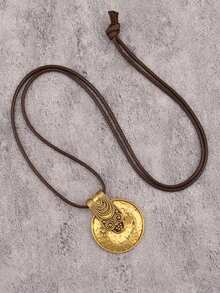1件简约长链项链，配金色浮雕圆形吊坠，音乐节派对礼物，情侣礼物 - 浮雕圓牌 - 查看 2