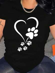 Camiseta para amantes de mascotas para mujeres - Camiseta con patrón de corazón y huella de pata, camiseta suave para uso diario, adecuada para dueños de perros, top casual ligero para todas las estaciones, camiseta negra de cuello redondo lavable a máquina, adecuada para caminar, entrenar, uso en casa - Regalo ideal para amantes de las perros - Negro - Ver 1