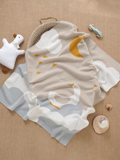 1件针织婴儿毯，INS风天鹅图案，柔软舒适，适合新生儿，四季皆宜