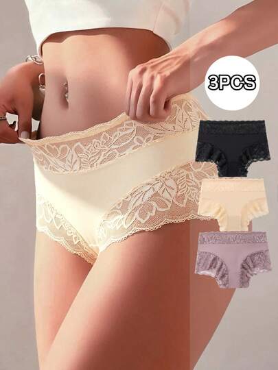 3条装女士无缝花卉蕾丝纯色性感时尚内裤，弹力透气舒适