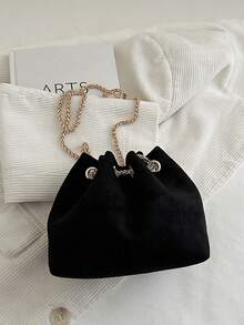 1pc Fashionable Solid Color Chain Strap Mini Bucket Shoulder Crossbody Bag - Black - View 8