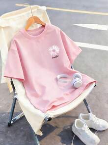 Tween Girl Floral Print Round Neck T-Shirt, Summer Top - Pink - View 6
