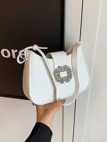 Mini Shoulder Bag With Rhinestone Decor Underarm Bag, Multifunctional And Fashionable Rhinestone Sparkling Saddle Underarm Bag PU Texture Bag Wallet Fashion Multifunctional Long Bag - White - View 5