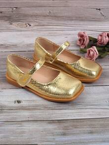 女童方头平底鞋，魅力复古百搭派对儿童鞋 - 金色 - 查看 2
