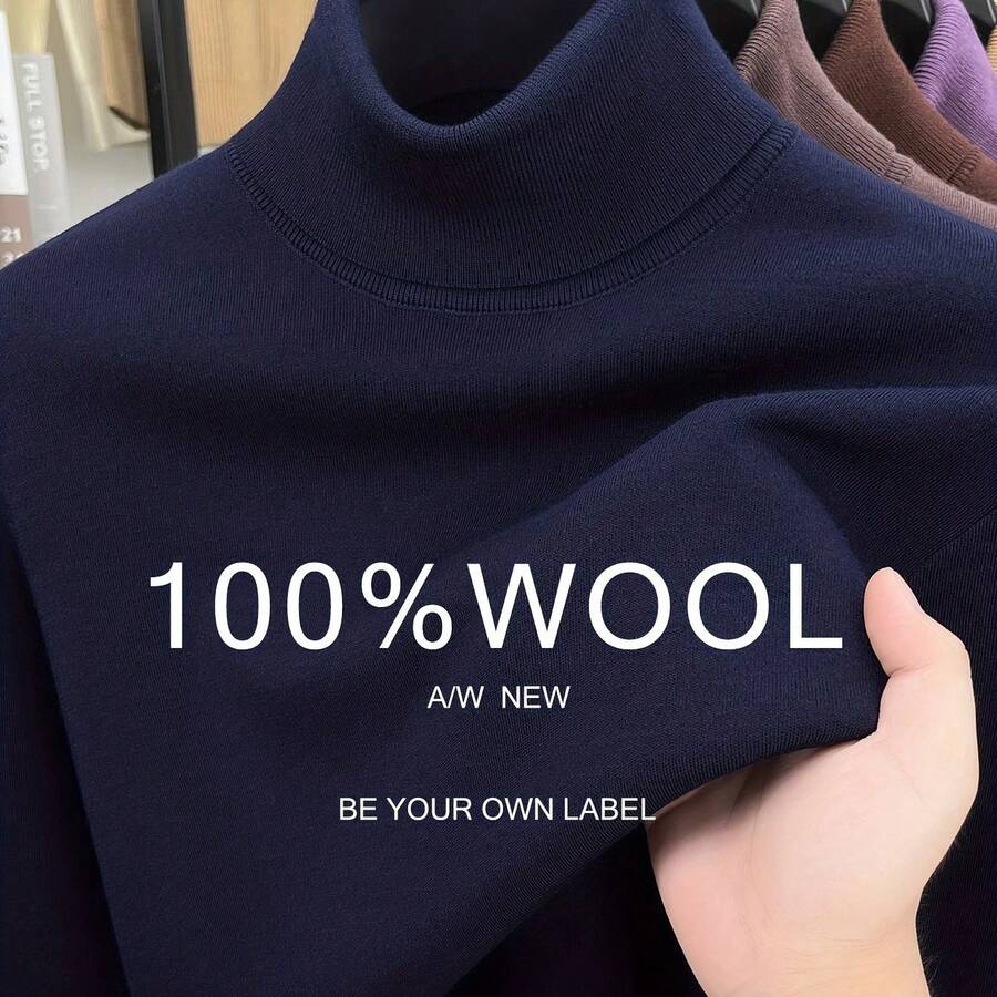 Wool Sweater, 100% Wool High-Quality 16-Needle 48-Count Worsted Yarn, High-Count High-Density Heavyweight Thick Warm High Neck Pullover Knit, Reversible High Neck, Premium Light Luxury Style, Solid Color Simple Basic Commuter Light Business Style - Màu xanh hải quân - Xem 1