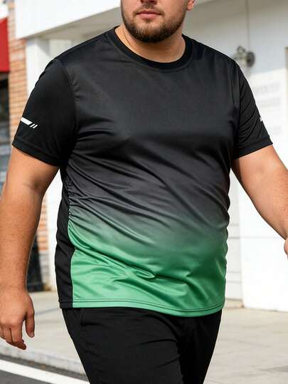 Men's Plus Size T-Shirt, Gradient Color Round Neck Short Sleeve, Plus Size Sportswear Summer Lightweight Quick-Dry Athletic Top, Suitable For Daily Casual Wear