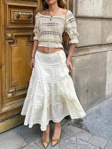 Women's Casual Elegant Versatile Streetwear Commute Vacation Picnic V-Neck Short Sleeve Hollow Drawstring Bow Tie Waist Cropped Sweater In Beige - Beige - View 4