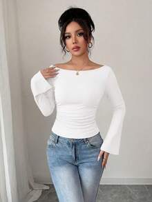 Women's Spring Fall Long Sleeve Shirts Crop Going Out Tops Casual Boat Neck Bell Sleeve Ribbed Ruched Y2K Clothes - White - View 4