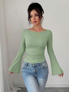 Women's Spring Fall Long Sleeve Shirts Crop Going Out Tops Casual Boat Neck Bell Sleeve Ribbed Ruched Y2K Clothes - Light Green - View 1
