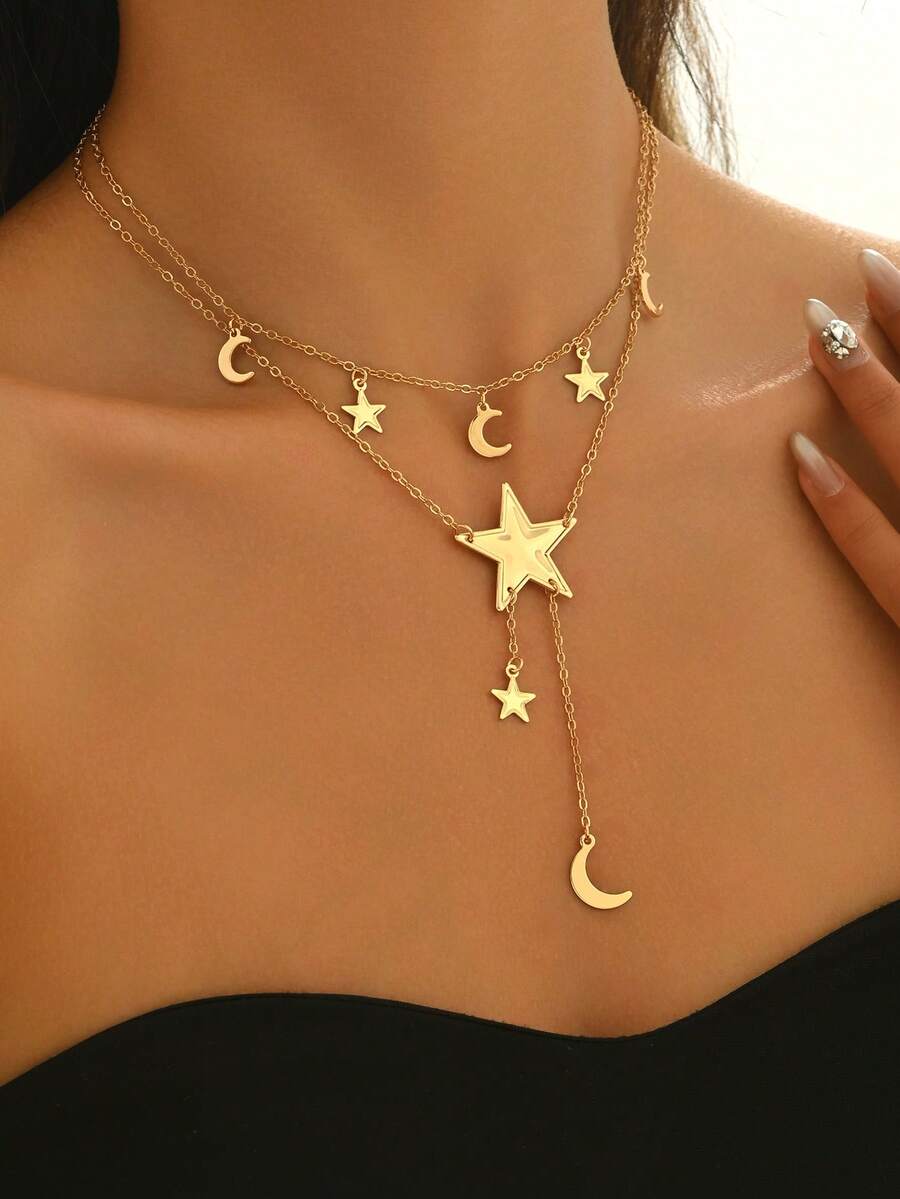 1件新款创意中东简约星月优雅Y形吊坠项链，时尚优雅，适合春夏、节日和派对佩戴 - 金黃色 - 查看 1