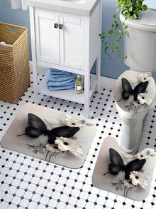 1/4pcs Polyester Shower Curtain - Black & White Floral And Butterfly Design, With Roses, Lilies, Sunflowers | Machine Washable | Elegant Bathroom Decor, Shower Privacy | Fashionable Design | Polyester Fiber, Shower Curtain Set - A - View 7