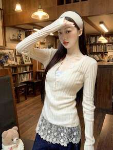 Apricot Lace Patchwork Cute Semi-Sheer Crew Neck Partial Placket Long Sleeve Women Sweater, Autumn/Winter - Apricot - View 1