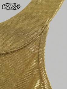 Aflion Women's Gold Square Neck Shiny Bodycon Mini Dress - Fashionable Retro Sexy Y2K Short Dress, Suitable For Valentine's Day Date, Shopping, Carnival Party, Nightclub, Banquet, Holiday Celebration And Other Occasions - Gold - View 5