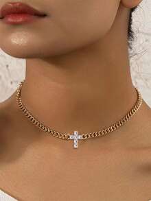 1pc Minimalist Cross Pendant Necklace, Fashionable Unique Design Suitable For Girl's Daily Wear - Yellow Gold - View 1