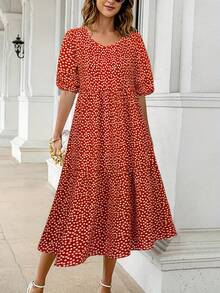 Womens Boho Plaid A-Line Midi Dress Ladies Pleated Loose Holiday Beach Sundress - Orange-red - View 1