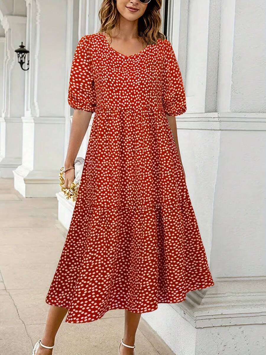 Womens Boho Plaid A-Line Midi Dress Ladies Pleated Loose Holiday Beach Sundress - Orange-red - View 1