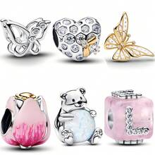 1 件装时尚心形小熊蝴蝶串珠吊坠，镀银，适合手链项链 DIY 节日礼物 - 彩色 - 查看 1