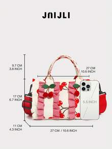 JNI JLI White & Red Cherry Print Canvas Tote Purse Women Stylish Handbag Cross Body Bag Travel Essential Casual Daily Use Bags Vintage Sling Bag Summer Fashion Handbags Mini Purses Practical Shoulder Bag Checkered Ruffle Detail Tote Bag Ladies Daily Purse Versatile Crossbody Shoulder Bag Spacious 3D Cherry Decor Handbag Must-Have Outfit Accessory Everyday Use Fashion Purse Casual Style Shoulder Bag - Màu Hồng Tươi - Xem 8