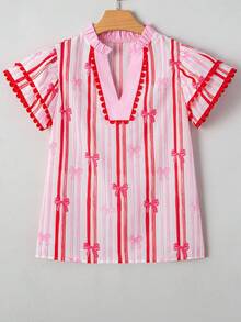 Women's Pink Ric-Rac Trim Ruffle Sleeve V Neck Bow Striped Blouse Sweet Tops Valentines Days Shirt Top - Hot Pink - View 4