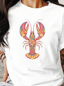 Vibrant Floral Lobster , Ocean Themed Graphic , Summer Beach Boho Shirt, Colorful Lobster Artwork, Sea  Fashion Top - 白色 - 查看 1