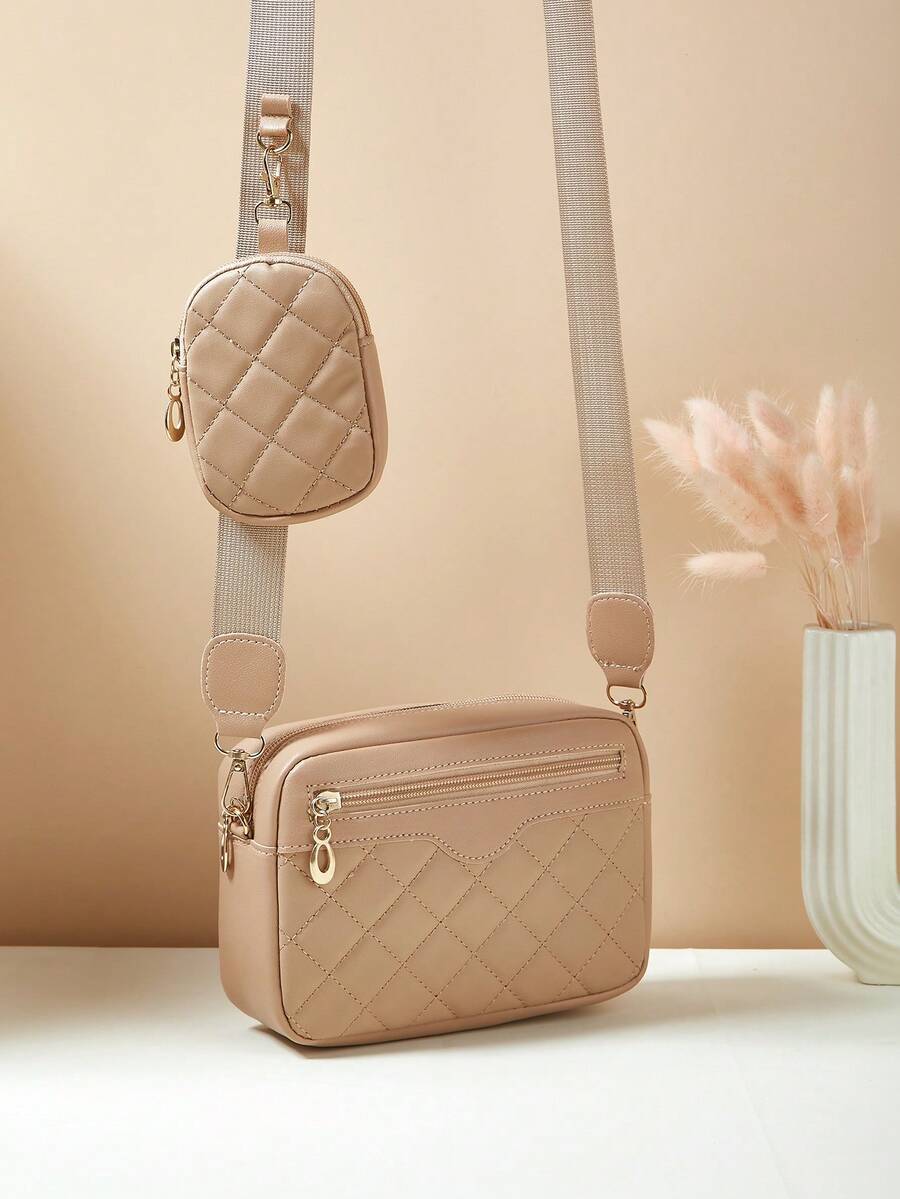 1pc Girls Mini Diamond Quilted Embroidered Letter Pouch, Padded Embroidered Phone Coin Purse - Khaki - View 1